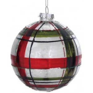 Julekugle i glas Ø10 cm - Rød/Frostet sølv tartan