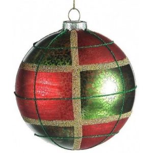 Julekugle i glas Ø10 cm - Rød/grøn tartan