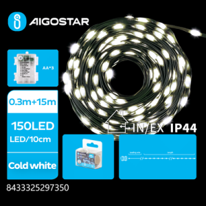 3AA Batteri-Drevet PVC Lyskæde, Kold Hvid, 0,3M+15M, 150 LED, 10cm Mellemrum, Grøn Ledning, 8 Blinkfunktioner, Timer, IP44