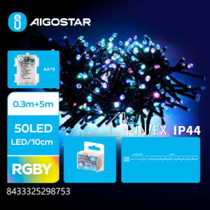 3AA Batteri Kæde RGBY 0.3m+5m 50LED 10cm/LED - Grøn/Sort Ledning - 8 Blink+Tidsur - IP44