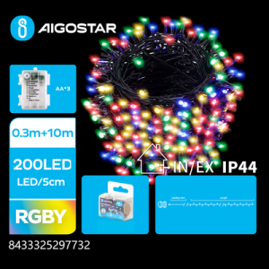 3AA Batteri LED Lyskæde RGBY 0.3M+10M 200LED - 5cm/LED Grøn Sort Ledning 8 Blinkfunktioner Tidsfunktion IP44