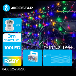 3AA Batteri LED net Lyskæde, RGBY, 3m+1,5m*1,5m - 100LED, Transparent Ledning - 8 Blinkfunktioner, Timer, IP44