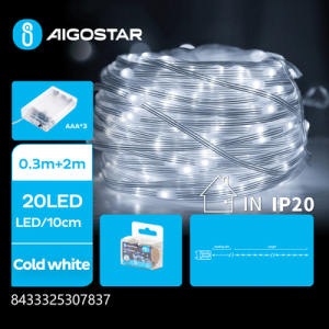 3AA Batteri PVC Lyskæde - Kold Hvid - 0,3M+2M | 20 LED | 10cm/LED | Transparent Ledning | Tænd/Sluk/Blink