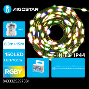 3AA Batteri PVC Lyskæde RGBY - 0.3m + 15m - 150 LEDs - 10cm/LED - Grøn Ledning - 8 Blinkmønstre + Timer + IP44