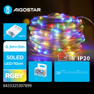 3AA Batteri PVC Lyskæde RGBY 0.3m+5m 50LED 10cm/LED Gennemsigtig Ledning Til/Fra/Blink