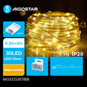 3AA Batteri PVC Lyskæde, Varm Hvid, 0.3M+3M, 30 LED, 10cm LED-afstand, Transparent Ledning, Tænd/Sluk/Blink Funktion