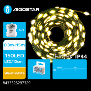 3AA Batteri PVC Lyskæde, Varm Hvid, 0,3M+15M, 150LED, 10cm/LED, Grøn Ledning, 8 Blinkfunktioner+Timer, IP44