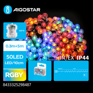 3AA Batteri kugle lyskæde RGBY 0.3M+5M, 50 LED - 10cm/LED, Transparent Ledning, 8 Blinkfunktioner + Timer, IP44