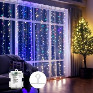 3AA Batteridrevet Gardin Lyskæde, RGBY, 3M+1M*1M, 100 LED, 10 Snore, Gennemsigtig Ledning, 8 Blink+Timer, IP44