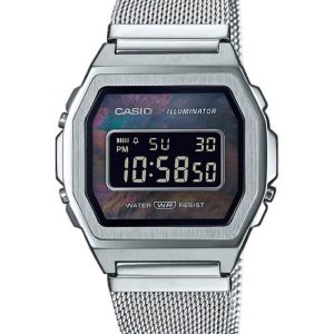 CASIO VINTAGE DIGITAL I STÅL MED SORT PERLEMORSSKIVE OG MESHLÆNKE