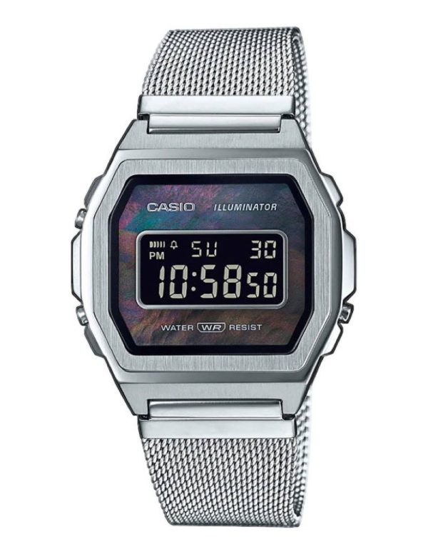 CASIO VINTAGE DIGITAL I STÅL MED SORT PERLEMORSSKIVE OG MESHLÆNKE