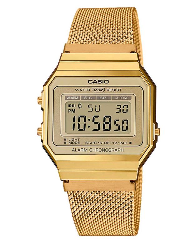 CASIO Vintage (3472) digitalur i guldfarvet stål med meshlænke