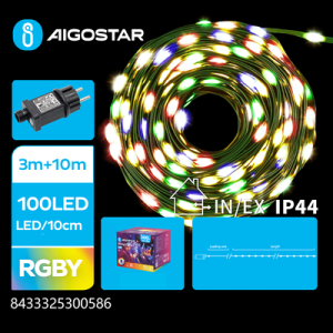 PVC LED Lyskæde, RGBY 3+10M 100LED - (10cm/LED) Grøn/Sort Ledning - 8 Blinkfunktioner + Timer + IP44