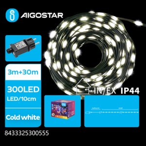 PVC LED lyskæde, Kold Hvid, 3M+30M, 300 LED - 10cm/LED, Grøn/Sort Ledning, 8 Blink-funktioner+Timer, IP44