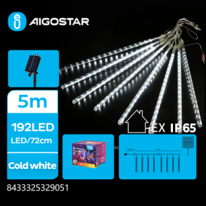 Solcelle Lyskæde Meteorregn, 192 LED, Kold Hvid, 30 cm, 3M+5M, 8 Snore, Grønt Sort Ledning, 8 Blinkfunktioner, IP65 - Kulør : Kold