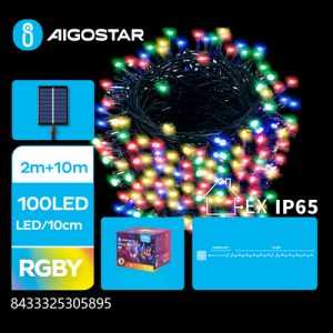 Solcelle Lyskæde, RGBY, 2M + 10M, 100 LED, 10cm/LED, Grøn/Sort, 8 Blink Mønstre, IP65