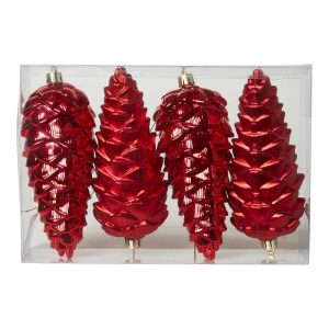 Kogle ornament 20,5 cm 4 stk plast rød