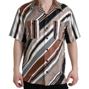 Dolce & Gabbana Brown White Silk Striped Short Sleeve Shirt