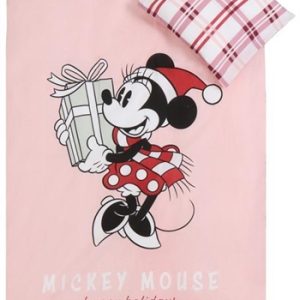 Julesengetøj junior - 100x140cm - 100% blødt bomuld - Minnie Mouse med julegave og nissehue