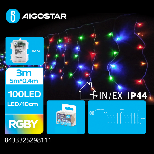 3AA Batteri Istap Lyskæde RGBY, 100LED, 25 rækker, Transparent Ledning, 8 Blinkfunktioner, Timer, IP44, 3M+2M