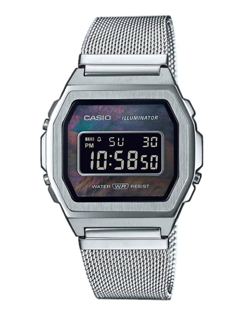 CASIO VINTAGE digital i stål med sort perlemor og meshlænke
